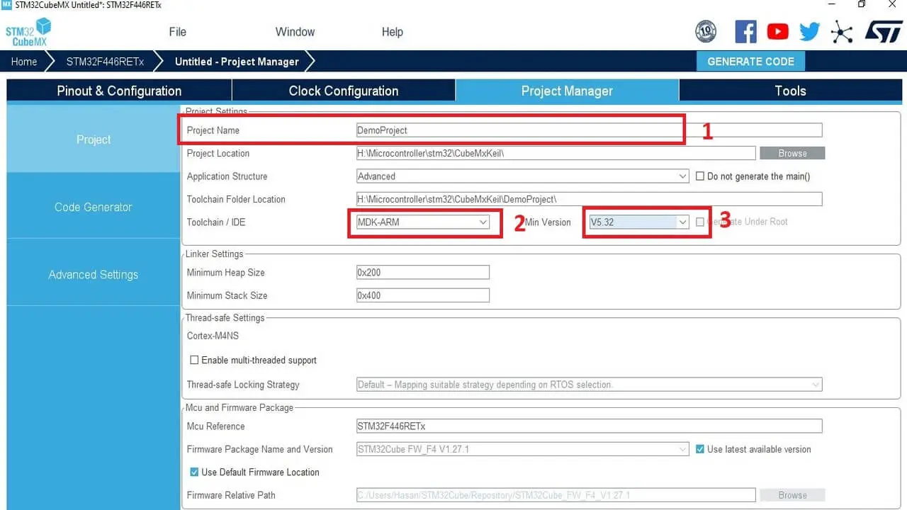 How to create a project in stm32CubeMX for Keil uvision Ide