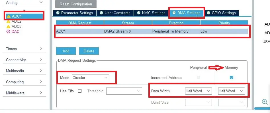 STM32  ADC DMA Configuration in STM32CUBE IDE