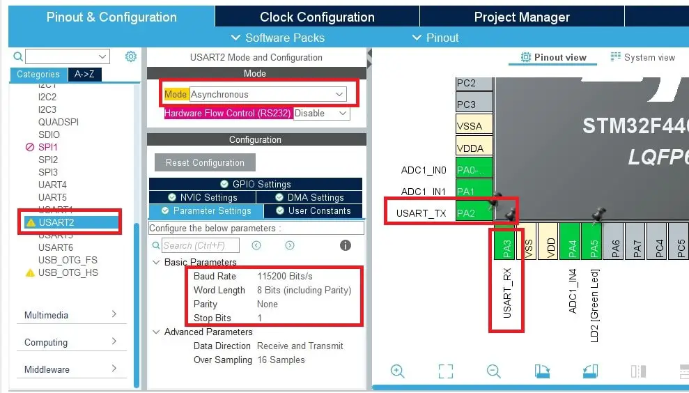 STM32 USART configuration in stm32cube ide